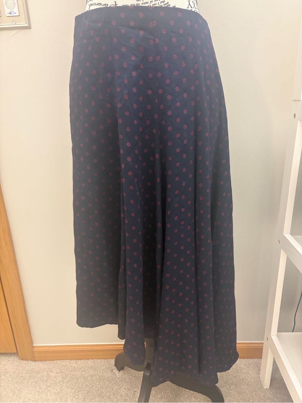 Vince 100% silk Navy Blue asymmetrical  Maxi Skirt with pink-red Dot Print